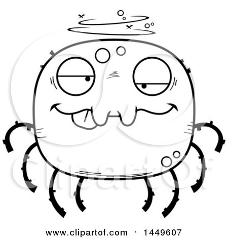 Clipart Graphic of a Cartoon Black and White Lineart Drunk Spider Character Mascot - Royalty Free Vector Illustration by Cory Thoman
