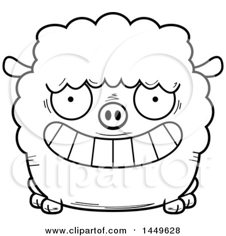 Clipart Graphic of a Cartoon Black and White Lineart Grinning Sheep Character Mascot - Royalty Free Vector Illustration by Cory Thoman