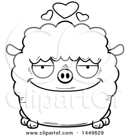 Clipart Graphic of a Cartoon Black and White Lineart Loving Sheep Character Mascot - Royalty Free Vector Illustration by Cory Thoman