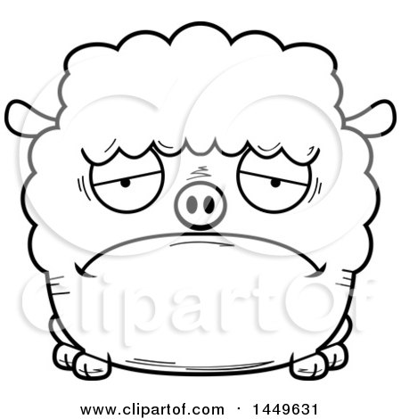 Clipart Graphic of a Cartoon Black and White Lineart Sad Sheep Character Mascot - Royalty Free Vector Illustration by Cory Thoman