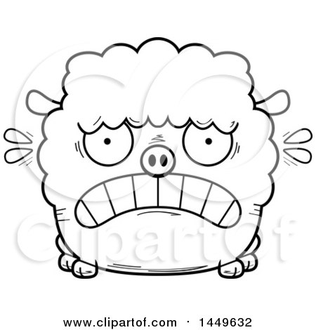 Clipart Graphic of a Cartoon Black and White Lineart Scared Sheep Character Mascot - Royalty Free Vector Illustration by Cory Thoman