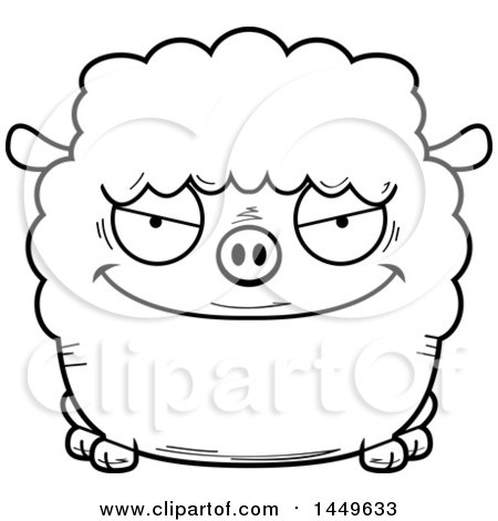 Clipart Graphic of a Cartoon Black and White Lineart Sly Sheep Character Mascot - Royalty Free Vector Illustration by Cory Thoman