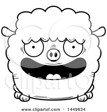 Clipart Graphic of a Cartoon Black and White Lineart Happy Sheep Character Mascot - Royalty Free Vector Illustration by Cory Thoman