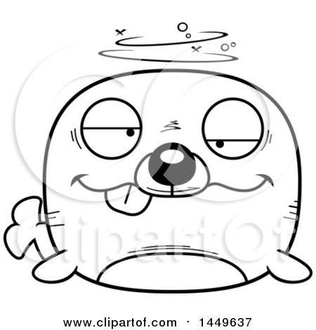 Clipart Graphic of a Cartoon Black and White Lineart Drunk Seal Character Mascot - Royalty Free Vector Illustration by Cory Thoman
