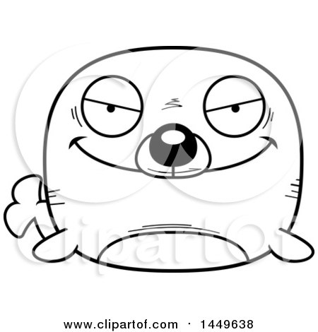 Clipart Graphic of a Cartoon Black and White Lineart Evil Seal Character Mascot - Royalty Free Vector Illustration by Cory Thoman