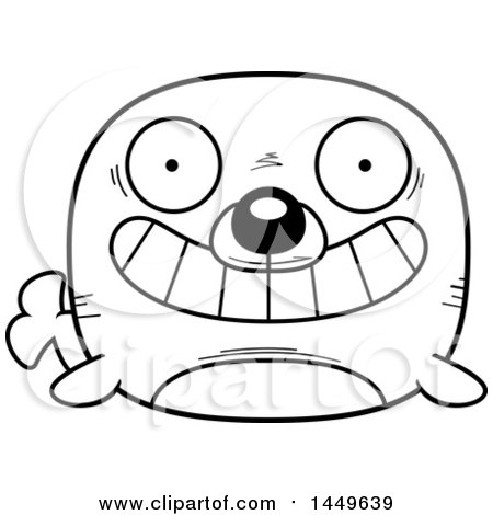Clipart Graphic of a Cartoon Black and White Lineart Grinning Seal Character Mascot - Royalty Free Vector Illustration by Cory Thoman
