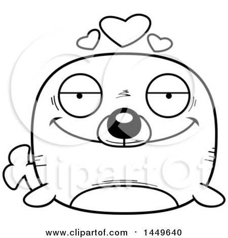 Clipart Graphic of a Cartoon Black and White Lineart Loving Seal Character Mascot - Royalty Free Vector Illustration by Cory Thoman
