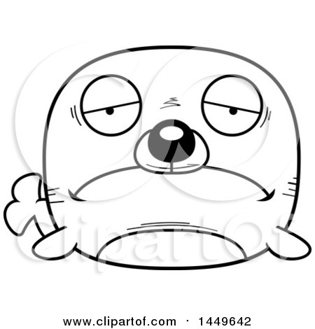 Clipart Graphic of a Cartoon Black and White Lineart Sad Seal Character Mascot - Royalty Free Vector Illustration by Cory Thoman