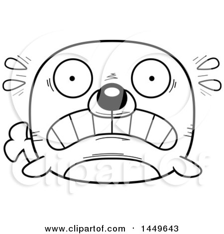 Clipart Graphic of a Cartoon Black and White Lineart Scared Seal Character Mascot - Royalty Free Vector Illustration by Cory Thoman