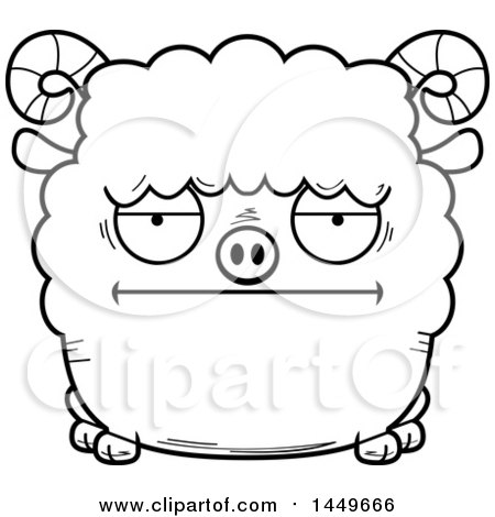 Clipart Graphic of a Cartoon Black and White Lineart Bored Ram Sheep Character Mascot - Royalty Free Vector Illustration by Cory Thoman