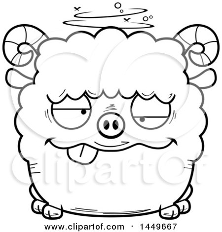 Clipart Graphic of a Cartoon Black and White Lineart Drunk Ram Sheep Character Mascot - Royalty Free Vector Illustration by Cory Thoman