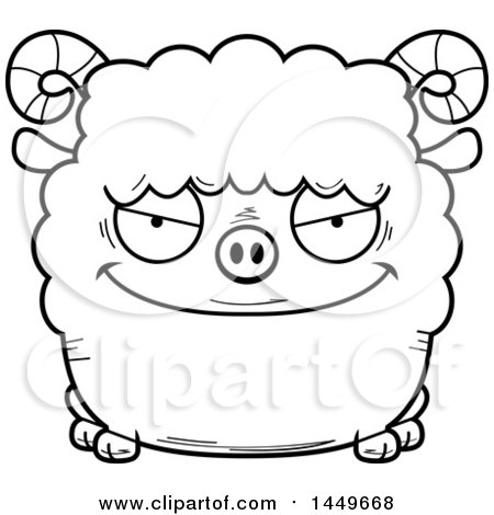 Clipart Graphic of a Cartoon Black and White Lineart Evil Ram Sheep Character Mascot - Royalty Free Vector Illustration by Cory Thoman
