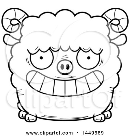 Clipart Graphic of a Cartoon Black and White Lineart Grinning Ram Sheep Character Mascot - Royalty Free Vector Illustration by Cory Thoman