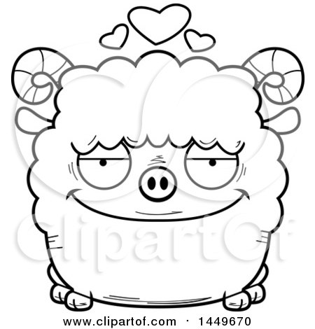 Clipart Graphic of a Cartoon Black and White Lineart Loving Ram Sheep Character Mascot - Royalty Free Vector Illustration by Cory Thoman
