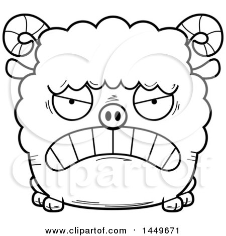 Clipart Graphic of a Cartoon Black and White Lineart Mad Ram Sheep Character Mascot - Royalty Free Vector Illustration by Cory Thoman