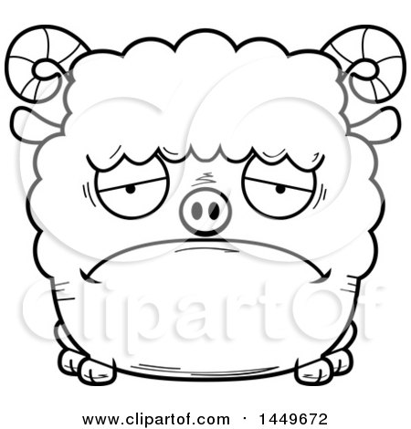 Clipart Graphic of a Cartoon Black and White Lineart Sad Ram Sheep Character Mascot - Royalty Free Vector Illustration by Cory Thoman