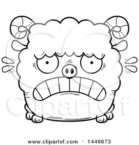 Clipart Graphic of a Cartoon Black and White Lineart Scared Ram Sheep Character Mascot - Royalty Free Vector Illustration by Cory Thoman