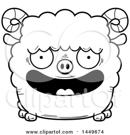 Clipart Graphic of a Cartoon Black and White Lineart Happy Ram Sheep Character Mascot - Royalty Free Vector Illustration by Cory Thoman