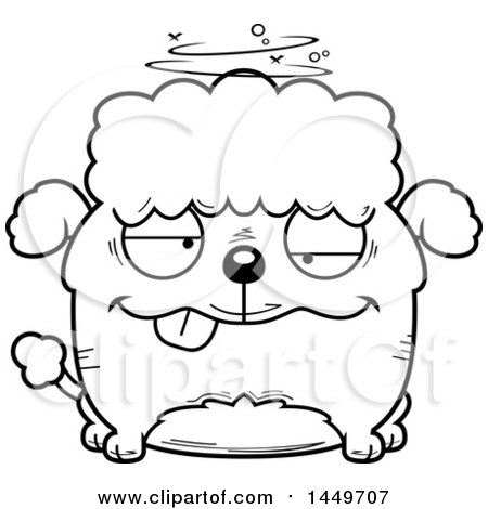Clipart Graphic of a Cartoon Black and White Lineart Drunk Poodle Dog Character Mascot - Royalty Free Vector Illustration by Cory Thoman