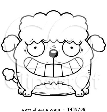 Clipart Graphic of a Cartoon Black and White Lineart Grinning Poodle Dog Character Mascot - Royalty Free Vector Illustration by Cory Thoman