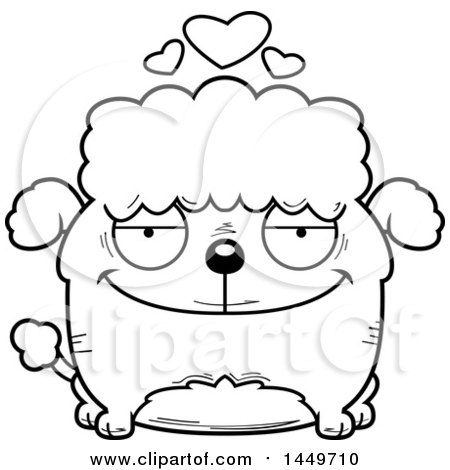 Clipart Graphic of a Cartoon Black and White Lineart Loving Poodle Dog Character Mascot - Royalty Free Vector Illustration by Cory Thoman