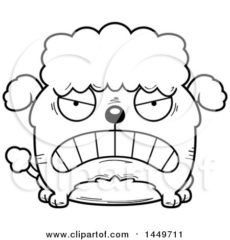 Clipart Graphic of a Cartoon Black and White Lineart Mad Poodle Dog Character Mascot - Royalty Free Vector Illustration by Cory Thoman