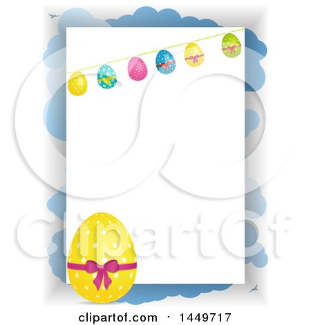 Clipart Graphic of a Yellow Polka Dot Easter Egg and Bunting over a Panel and Clouds on White - Royalty Free Vector Illustration by elaineitalia