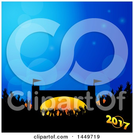 Clipart Graphic of a Silhouetted Concert Crowd and 2017 New Year over a Stage Under Blue Flares - Royalty Free Vector Illustration by elaineitalia