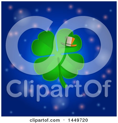 Clipart Graphic of a St Patricks Day Four Leaf Clover with an Irish Flag Striped Leprechaun Hat over an Outer Space Background - Royalty Free Vector Illustration by elaineitalia