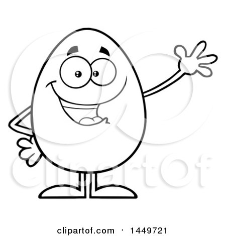 Clipart Graphic of a Cartoon Black and White Lineart Egg Mascot Character Waving - Royalty Free Vector Illustration by Hit Toon