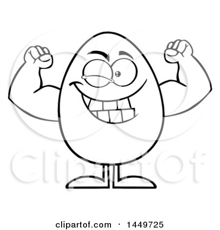 Clipart Graphic of a Cartoon Black and White Lineart Strong Flexing Egg Mascot Character - Royalty Free Vector Illustration by Hit Toon
