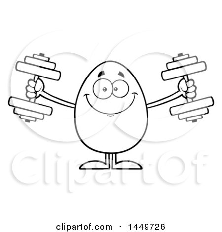 Clipart Graphic of a Cartoon Black and White Lineart Egg Mascot Character Working out with Dumbbells - Royalty Free Vector Illustration by Hit Toon