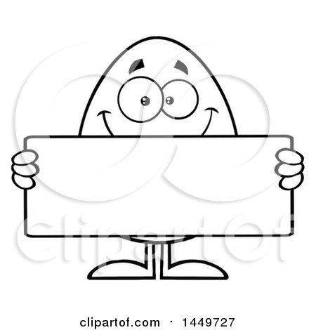 Clipart Graphic of a Cartoon Black and White Lineart Egg Mascot Character Holding a Blank Sign - Royalty Free Vector Illustration by Hit Toon