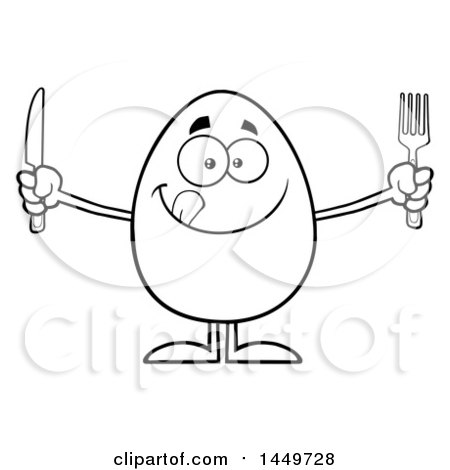 Clipart Graphic of a Cartoon Black and White Lineart Hungry Egg Mascot Character Holding a Knife and Fork - Royalty Free Vector Illustration by Hit Toon