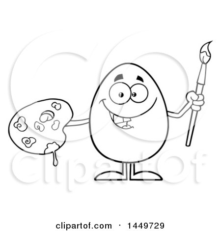 Clipart Graphic of a Cartoon Black and White Lineart Happy Artist Egg Mascot Character - Royalty Free Vector Illustration by Hit Toon