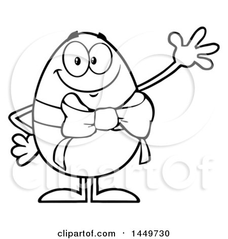 Clipart Graphic of a Cartoon Black and White Lineart Easter Egg Mascot Character Waving - Royalty Free Vector Illustration by Hit Toon
