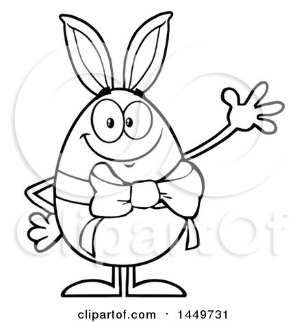 Clipart Graphic of a Cartoon Black and White Lineart Bunny Eared Easter Egg Mascot Character Waving - Royalty Free Vector Illustration by Hit Toon