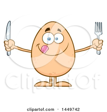 Clipart Graphic of a Cartoon Hungry Egg Mascot Character Holding a Knife and Fork - Royalty Free Vector Illustration by Hit Toon