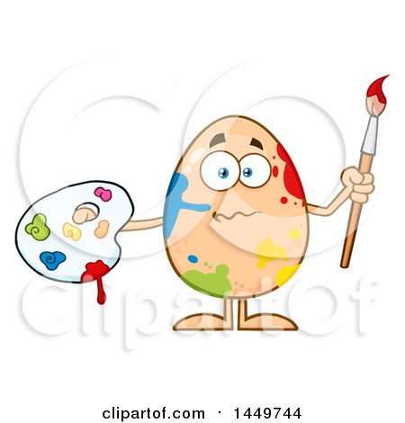 Clipart Graphic of a Cartoon Artist Egg Mascot Character with Paint Splatters - Royalty Free Vector Illustration by Hit Toon