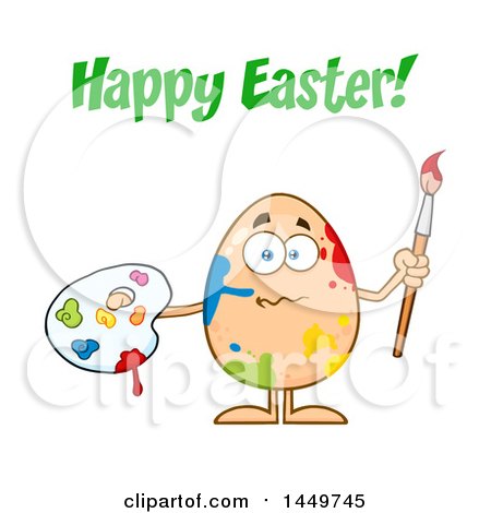 Clipart Graphic of a Cartoon Artist Egg Mascot Character with Paint Splatters Under Happy Easter Text - Royalty Free Vector Illustration by Hit Toon