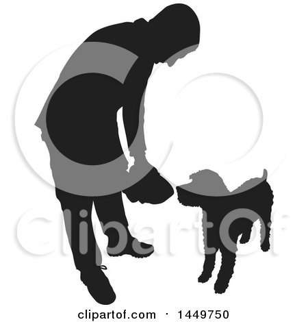 Clipart Graphic of a Black and White Silhouetted Man Feeding His Dog - Royalty Free Vector Illustration by Maria Bell