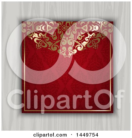 Clipart Graphic of a Gold and Red Ornate Floral and Damask Invitation on a Wood Background - Royalty Free Vector Illustration by KJ Pargeter