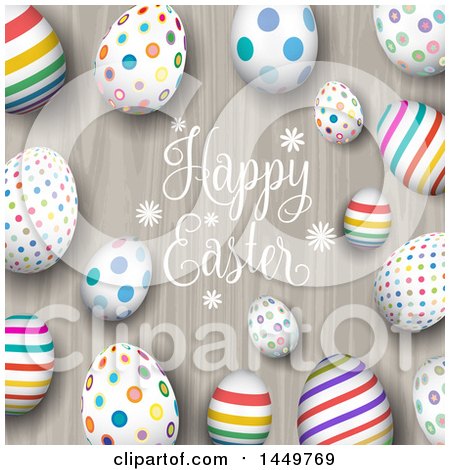 Clipart Graphic of a Border of Colorful Eggs with Happy Easter Text on Wood - Royalty Free Vector Illustration by KJ Pargeter