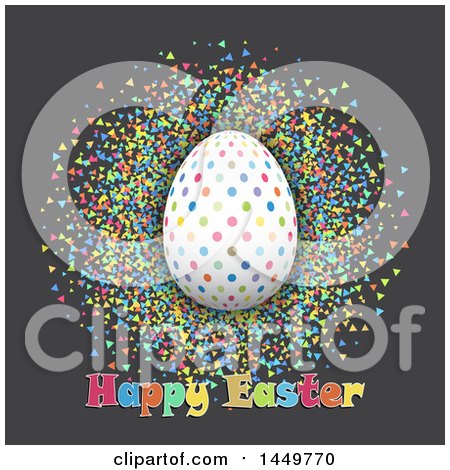 Clipart Graphic of a Colorful Polka Dot Egg with Happy Easter Text and Confetti - Royalty Free Vector Illustration by KJ Pargeter
