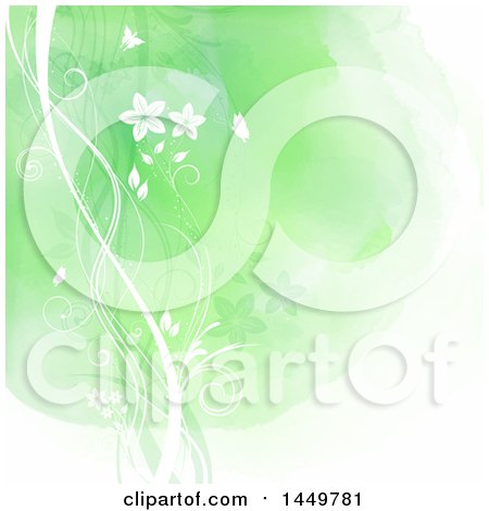 Clipart Graphic of a Green Watercolor Floral Background with Butterflies - Royalty Free Vector Illustration by KJ Pargeter