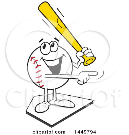 Clipart Graphic of a Cartoon Baseball Mascot Holding a Bat, Pointing and Standing on a Base - Royalty Free Vector Illustration by Johnny Sajem