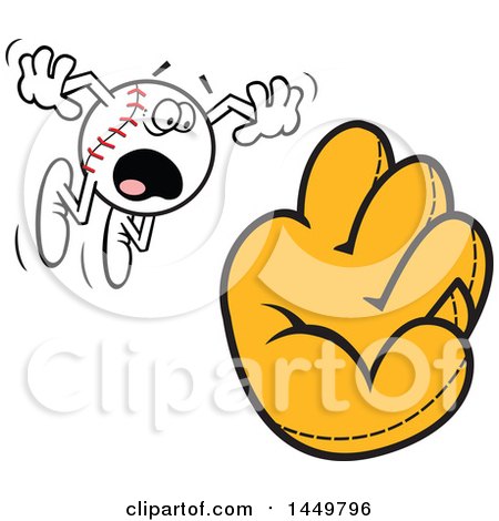 Clipart Graphic of a Cartoon Horrified Baseball Mascot Flying Towards a Mitt - Royalty Free Vector Illustration by Johnny Sajem