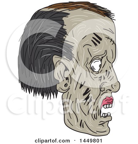 Clipart Graphic of a Sketched Drawing Styled Zombie Head in Profile - Royalty Free Vector Illustration by patrimonio