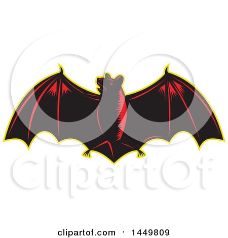 Clipart Graphic of a Retro Woodcut Red and Black Flying Bat with a Yellow Outline - Royalty Free Vector Illustration by patrimonio