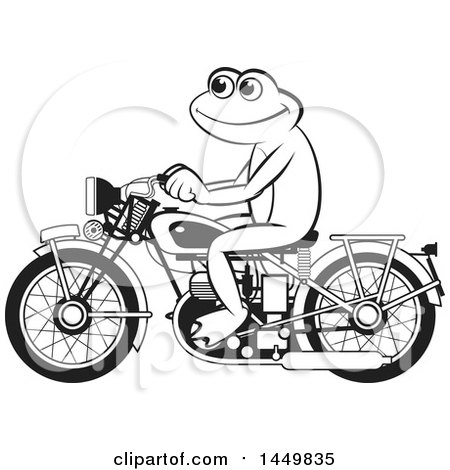 Clipart Graphic of a Happy Black and White Frog Riding a Red Motorcycle - Royalty Free Vector Illustration by Lal Perera